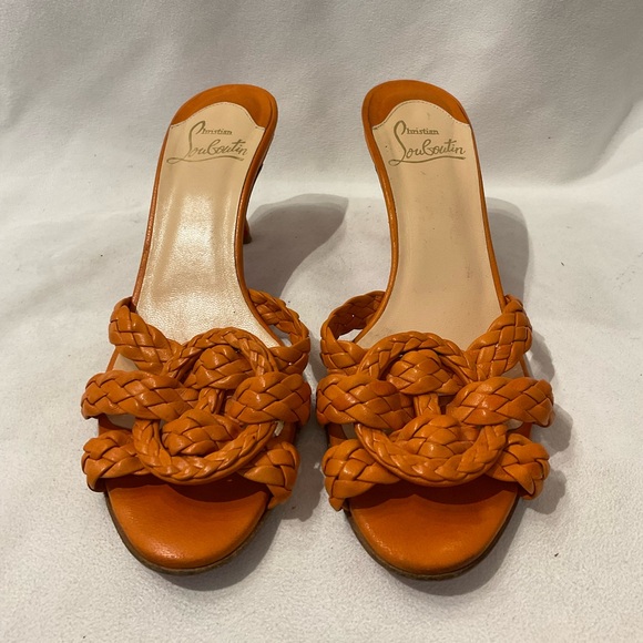 Christian Louboutin Orange Braided Leather Mule Heels - Picture 2 of 6